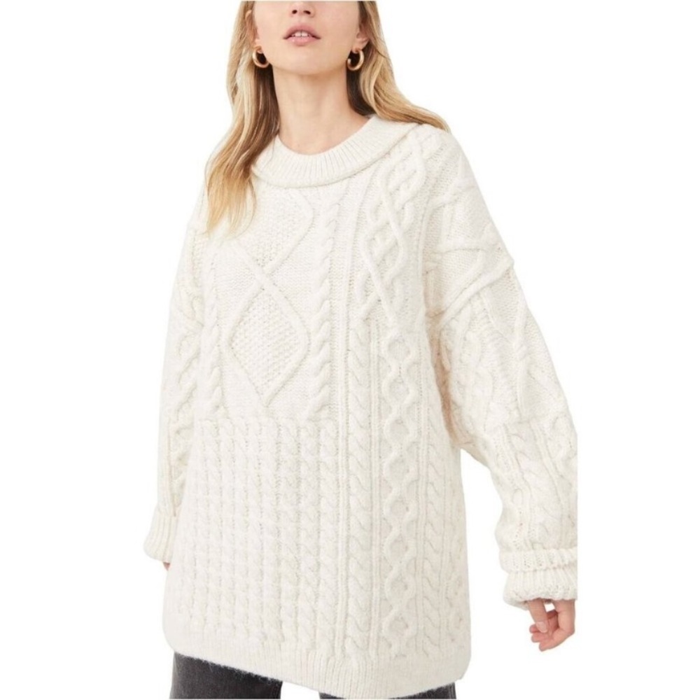 Free People Leslie Cable knit Tunic Sweater Top ivory woman’s size XL